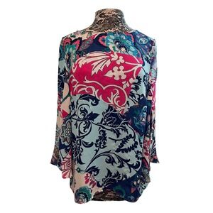 Chico's Geometric Floral Blouse Slit Bell‎ Sleeves Blue Pink Flowy Lightweight M